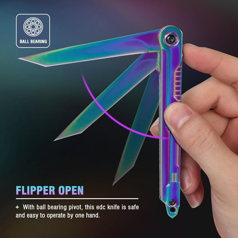 FUNBRO Rainbow Pocket Knife for Men & Women - EDC Folding Knives with Clip, Glass Breaker, Flipper and Liner Lock for Self Defense - Cool Survival Knife for Outdoor Camping - Image 4